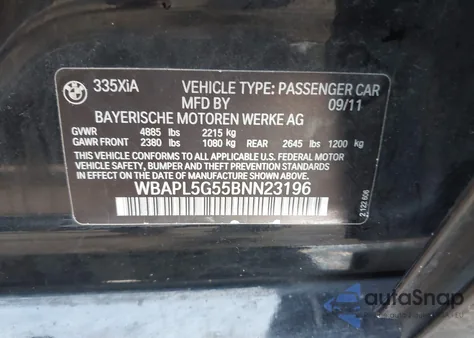 2011 BMW 335I xDrive из США, поврежденный, VIN WBAPL5G55BNN23196